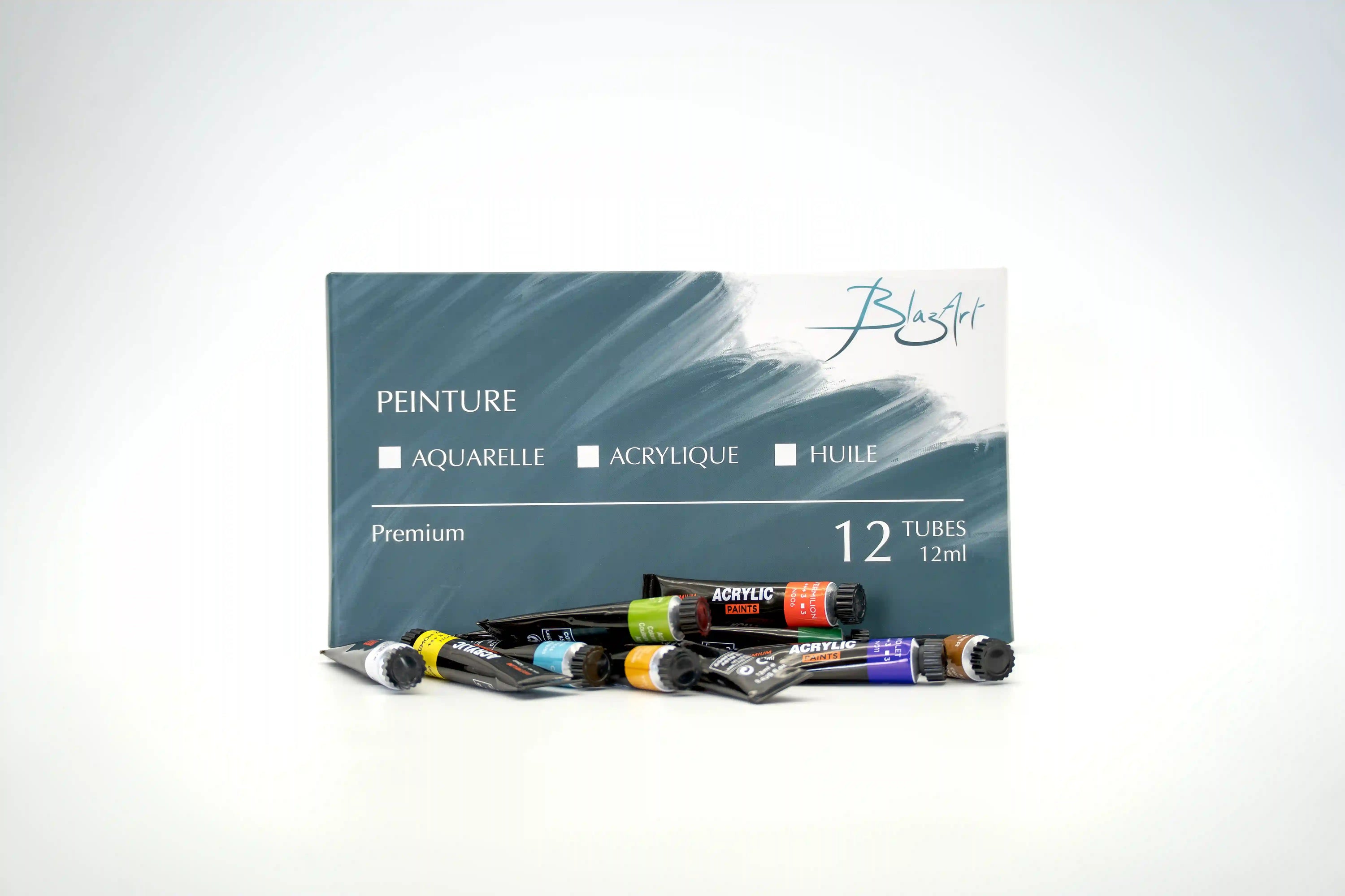 12 tubes de peinture Acrylique boite et couleurs