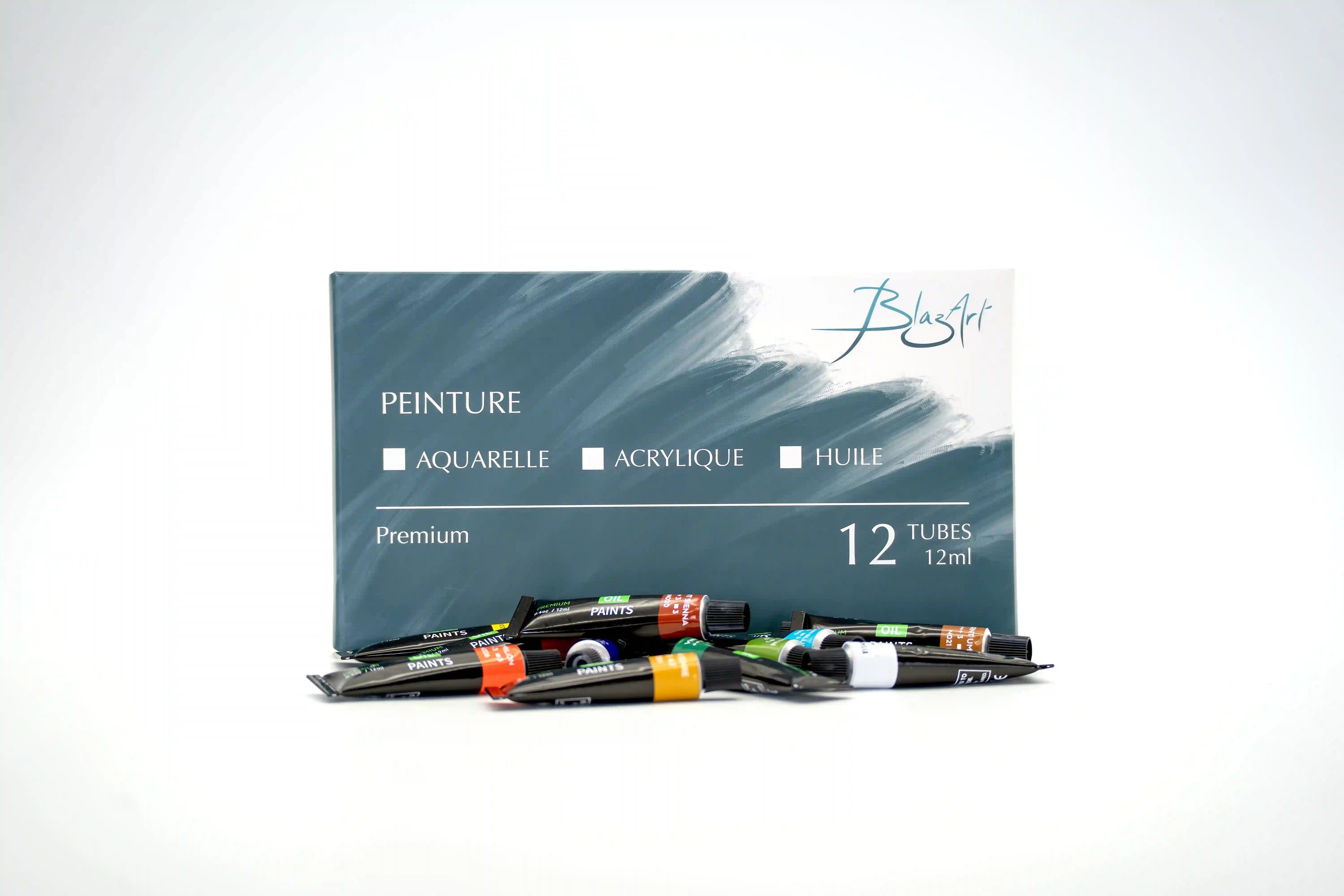 12 tubes de peinture à Huile boite et couleurs