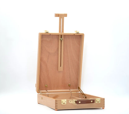 Chevalet de table en bois avec coffre mallette ouvert