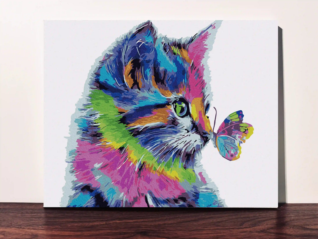 peinture par numero toile tendue rencontre chat papillon